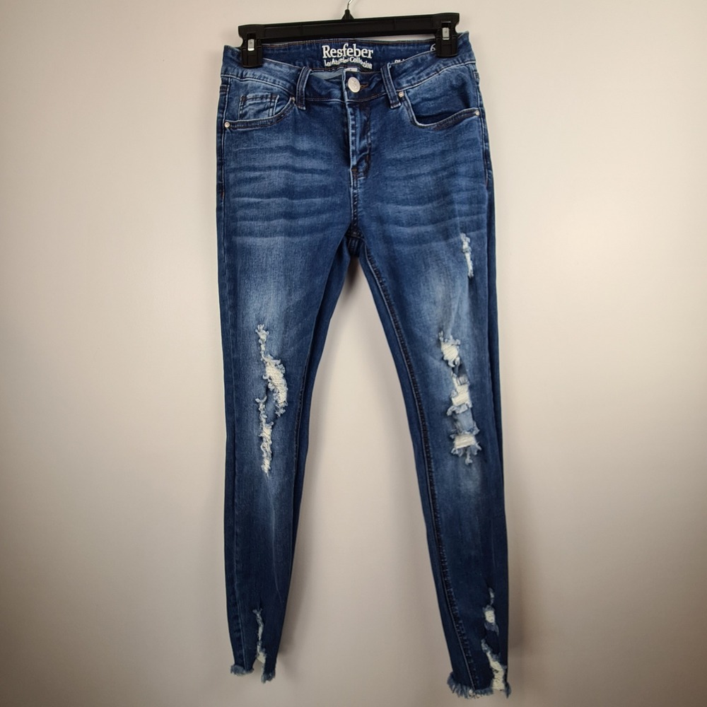 Resfeber Skinny Boy Friend Jean Women 6 Distressed Ripped Frayed Hem Medium Wash